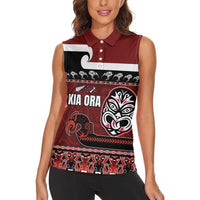 New Zealand Culture Women Sleeveless Polo Shirt Kia Ora Aotearoa Moko Tattoo Mask with Waka and Maori Art Pattern LT03 - Polynesian Pride