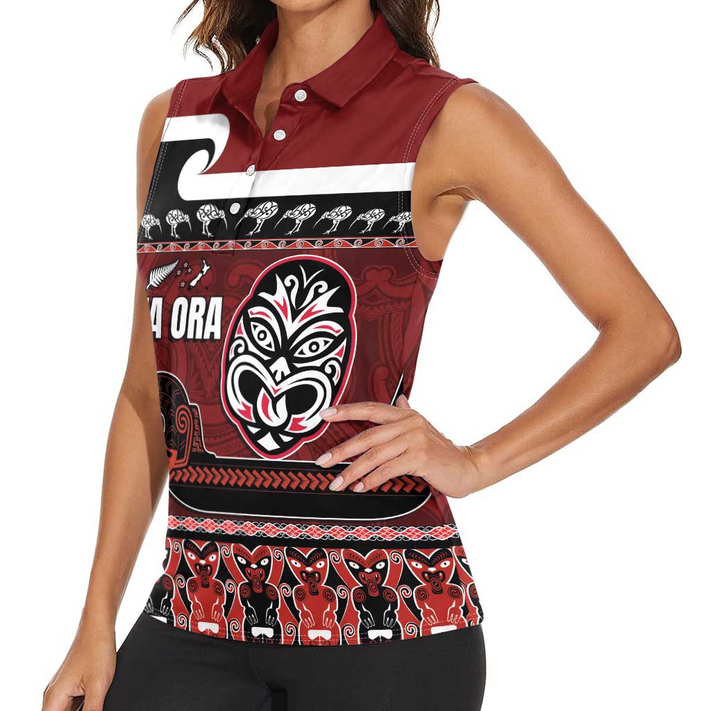 New Zealand Culture Women Sleeveless Polo Shirt Kia Ora Aotearoa Moko Tattoo Mask with Waka and Maori Art Pattern LT03 - Polynesian Pride