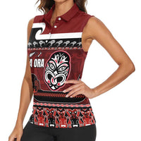 New Zealand Culture Women Sleeveless Polo Shirt Kia Ora Aotearoa Moko Tattoo Mask with Waka and Maori Art Pattern LT03 - Polynesian Pride