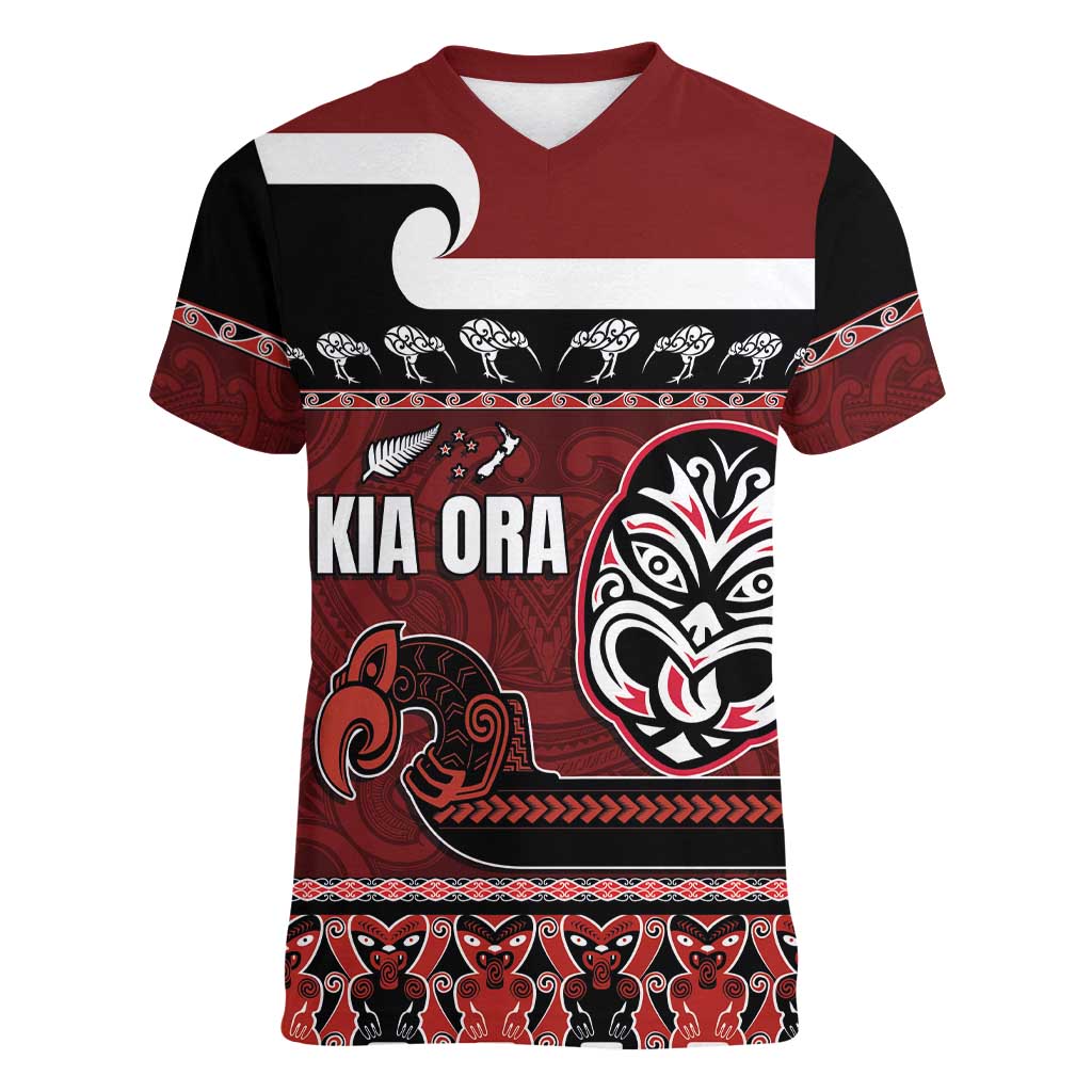 New Zealand Culture Women V-Neck T-Shirt Kia Ora Aotearoa Moko Tattoo Mask with Waka and Maori Art Pattern LT03 Female Red - Polynesian Pride