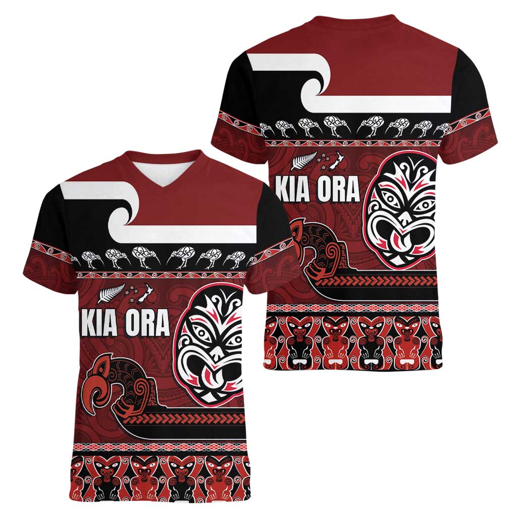 New Zealand Culture Women V-Neck T-Shirt Kia Ora Aotearoa Moko Tattoo Mask with Waka and Maori Art Pattern LT03 - Polynesian Pride