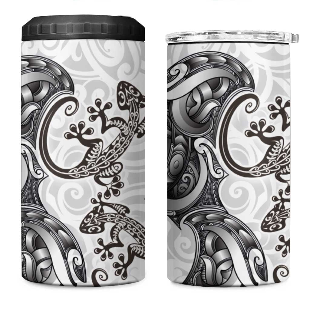New Zealand Gecko Maori Art Tattoo 4 in 1 Can Cooler Tumbler White Color LT03 One Size: 16 oz White - Polynesian Pride