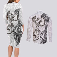 New Zealand Gecko Maori Art Tattoo Couples Matching Long Sleeve Bodycon Dress and Long Sleeve Button Shirt White Color LT03 - Polynesian Pride