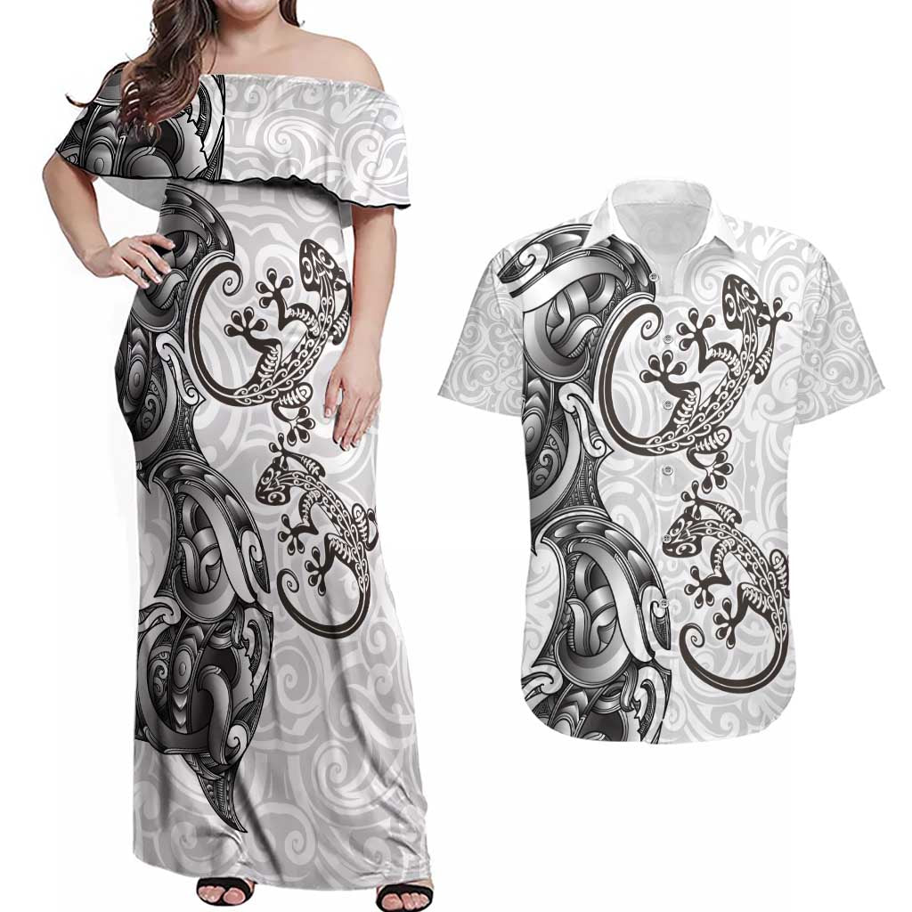 New Zealand Gecko Maori Art Tattoo Couples Matching Off Shoulder Maxi Dress and Hawaiian Shirt White Color LT03 White - Polynesian Pride