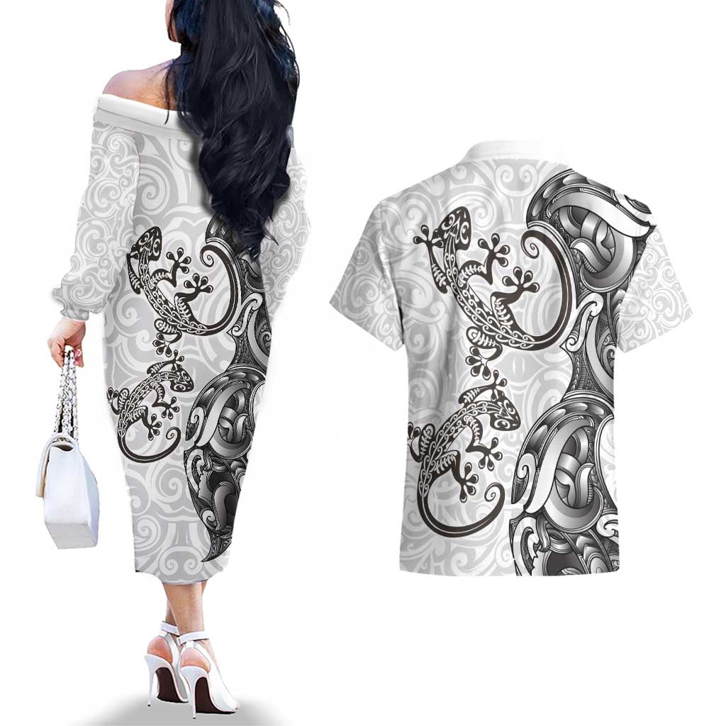 New Zealand Gecko Maori Art Tattoo Couples Matching Off The Shoulder Long Sleeve Dress and Hawaiian Shirt White Color LT03 - Polynesian Pride
