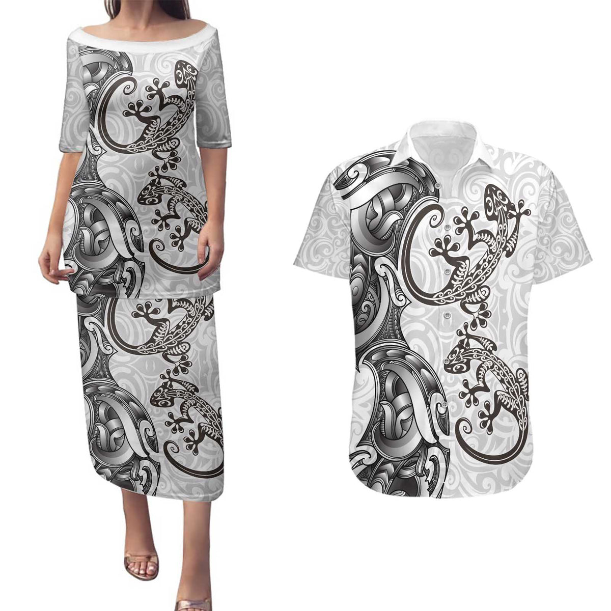 New Zealand Gecko Maori Art Tattoo Couples Matching Puletasi and Hawaiian Shirt White Color LT03 White - Polynesian Pride