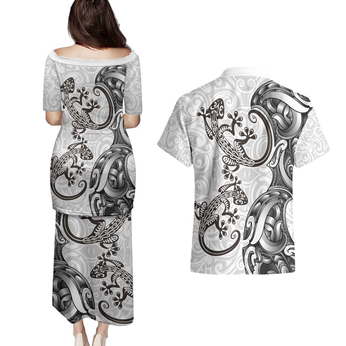 New Zealand Gecko Maori Art Tattoo Couples Matching Puletasi and Hawaiian Shirt White Color LT03 - Polynesian Pride