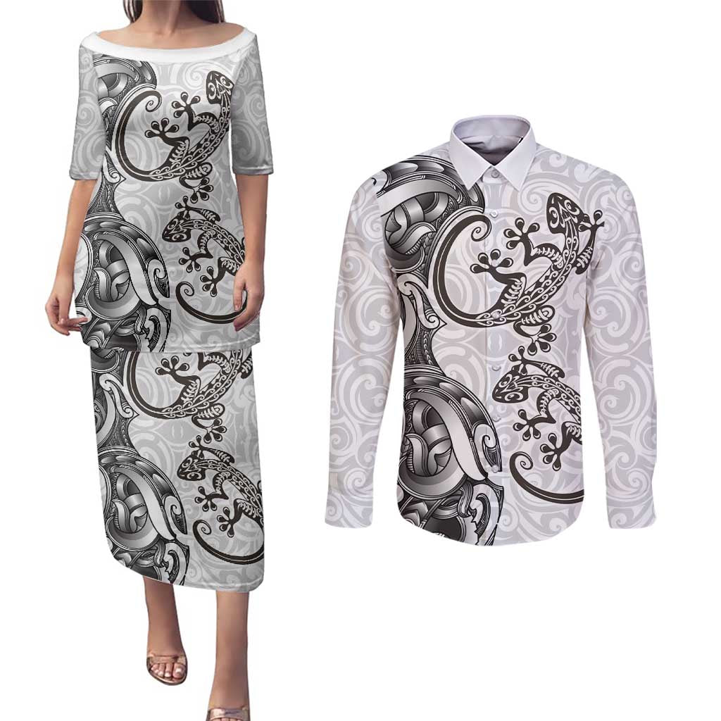 New Zealand Gecko Maori Art Tattoo Couples Matching Puletasi and Long Sleeve Button Shirt White Color LT03 White - Polynesian Pride