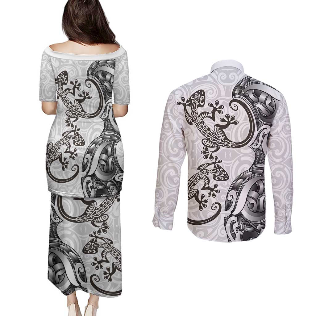 New Zealand Gecko Maori Art Tattoo Couples Matching Puletasi and Long Sleeve Button Shirt White Color LT03 - Polynesian Pride
