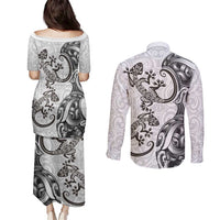 New Zealand Gecko Maori Art Tattoo Couples Matching Puletasi and Long Sleeve Button Shirt White Color LT03 - Polynesian Pride