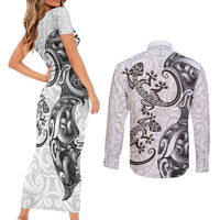 New Zealand Gecko Maori Art Tattoo Couples Matching Short Sleeve Bodycon Dress and Long Sleeve Button Shirt White Color LT03 - Polynesian Pride
