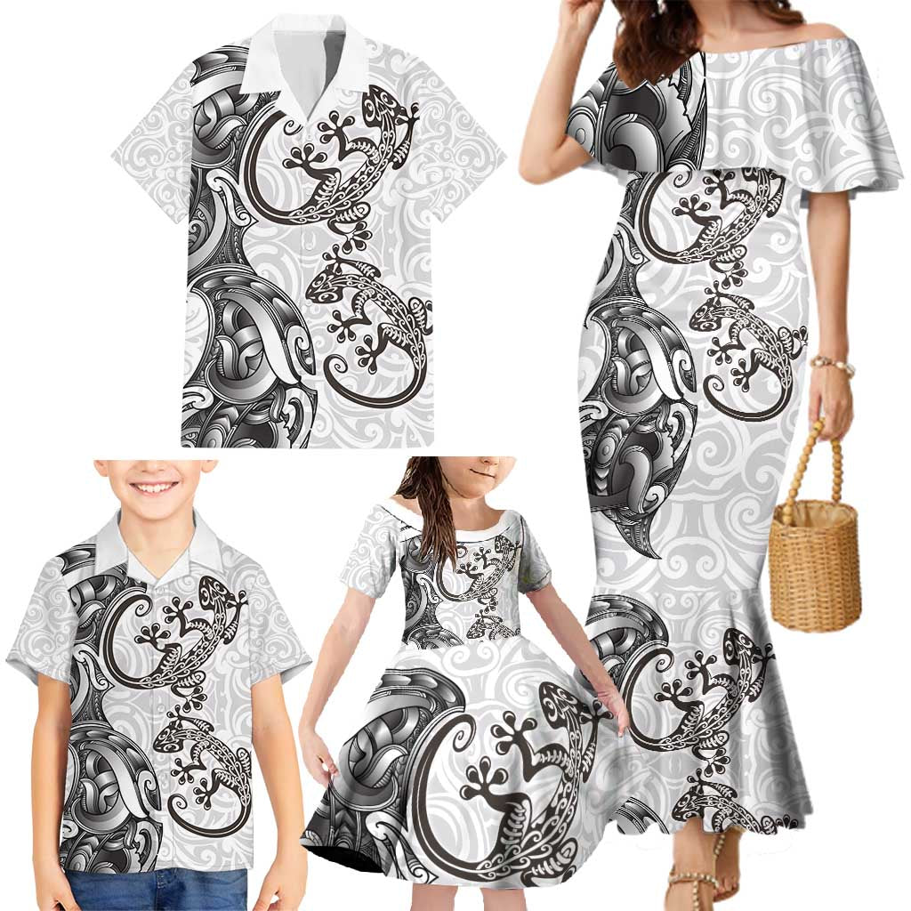 New Zealand Gecko Maori Art Tattoo Family Matching Mermaid Dress and Hawaiian Shirt White Color LT03 - Polynesian Pride