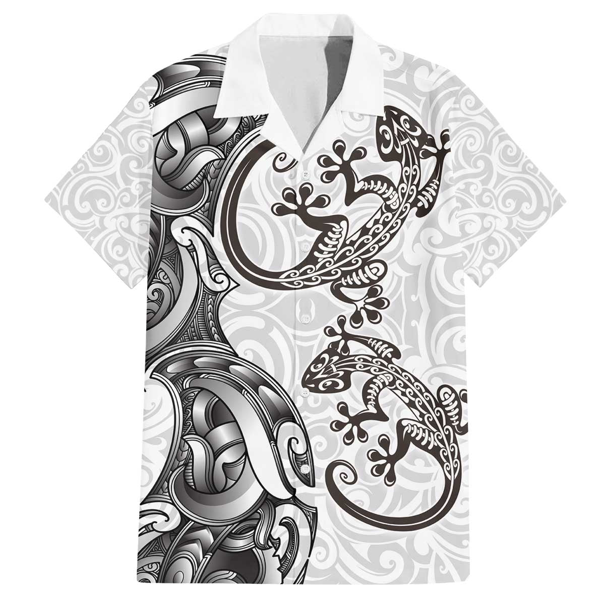 New Zealand Gecko Maori Art Tattoo Family Matching Off The Shoulder Long Sleeve Dress and Hawaiian Shirt White Color LT03 Dad's Shirt - Short Sleeve White - Polynesian Pride