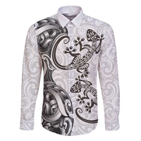 New Zealand Gecko Maori Art Tattoo Family Matching Off The Shoulder Long Sleeve Dress and Hawaiian Shirt White Color LT03 Dad's Shirt - Long Sleeve White - Polynesian Pride