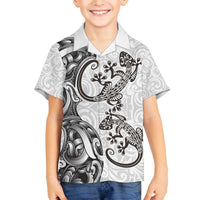New Zealand Gecko Maori Art Tattoo Family Matching Off The Shoulder Long Sleeve Dress and Hawaiian Shirt White Color LT03 Son's Shirt White - Polynesian Pride