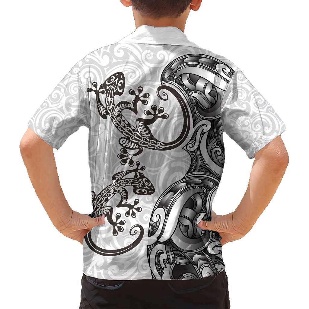 New Zealand Gecko Maori Art Tattoo Family Matching Off Shoulder Maxi Dress and Hawaiian Shirt White Color LT03 - Polynesian Pride