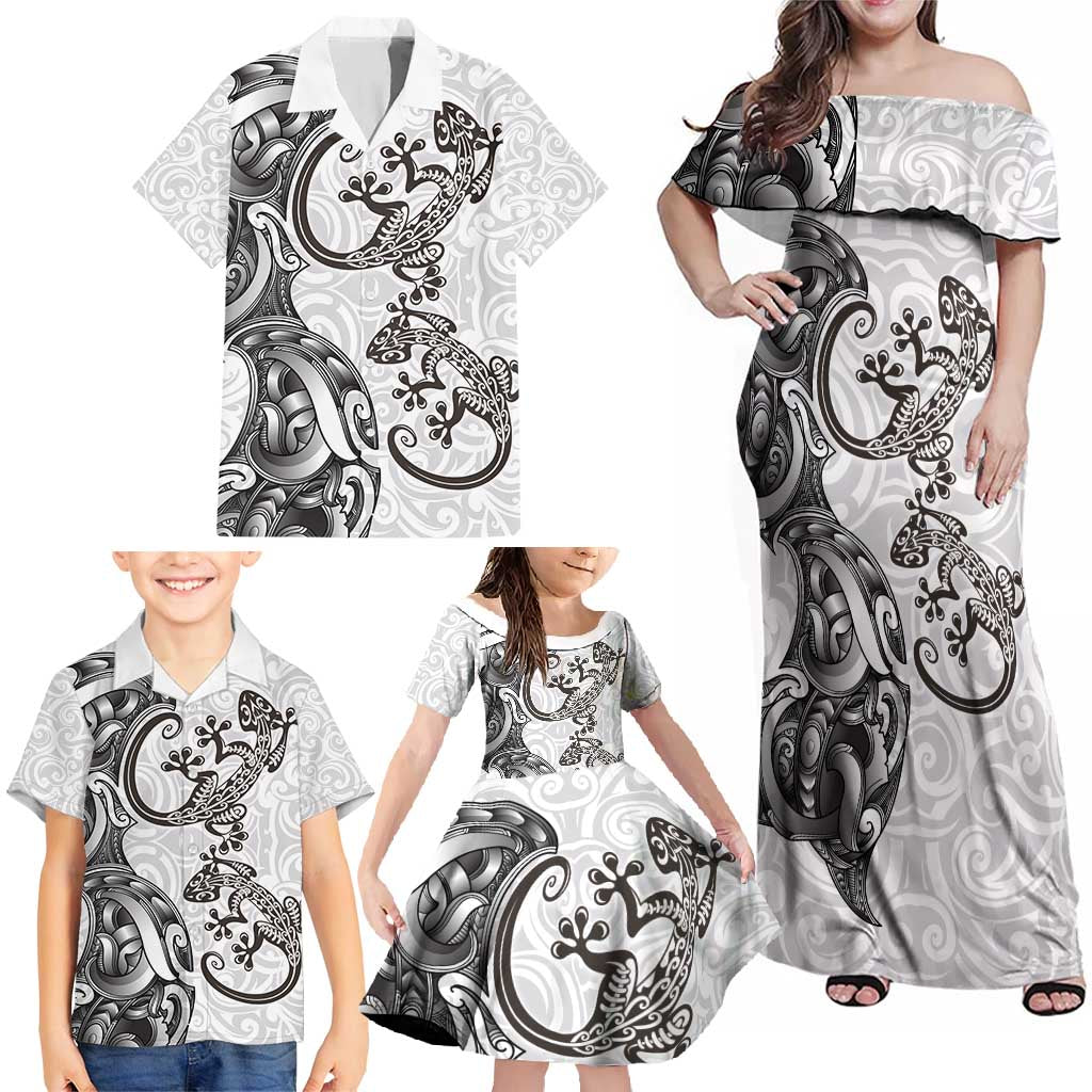 New Zealand Gecko Maori Art Tattoo Family Matching Off Shoulder Maxi Dress and Hawaiian Shirt White Color LT03 - Polynesian Pride