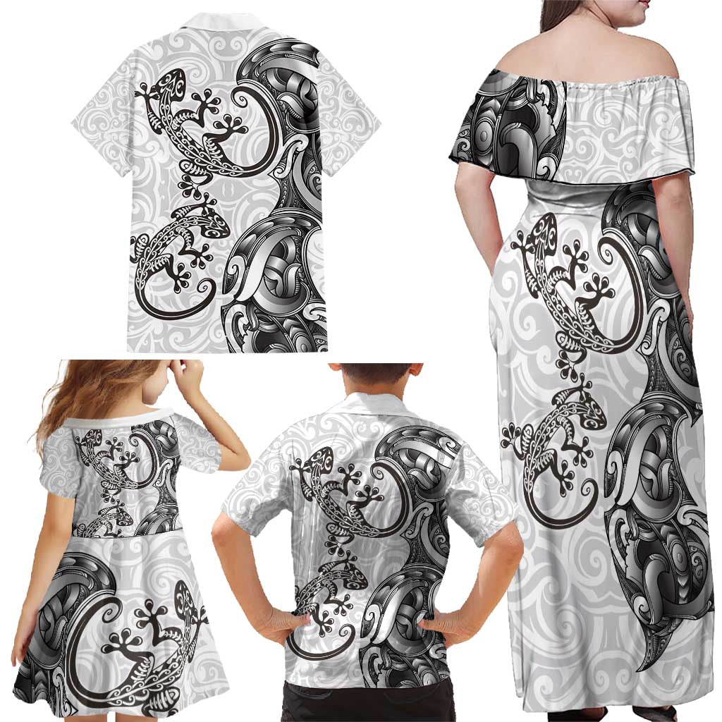 New Zealand Gecko Maori Art Tattoo Family Matching Off Shoulder Maxi Dress and Hawaiian Shirt White Color LT03 - Polynesian Pride