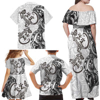 New Zealand Gecko Maori Art Tattoo Family Matching Off Shoulder Maxi Dress and Hawaiian Shirt White Color LT03 - Polynesian Pride
