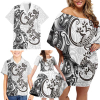 New Zealand Gecko Maori Art Tattoo Family Matching Off Shoulder Short Dress and Hawaiian Shirt White Color LT03 - Polynesian Pride