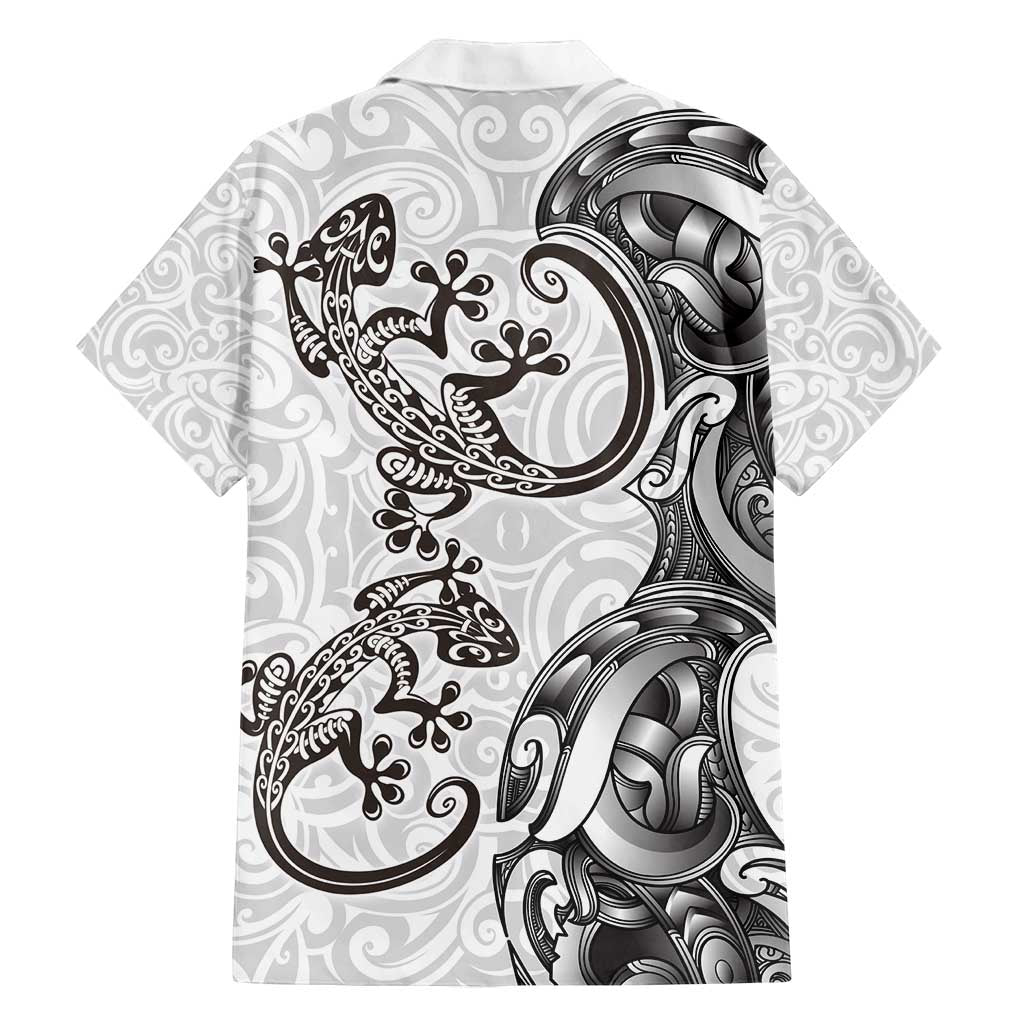 New Zealand Gecko Maori Art Tattoo Family Matching Off Shoulder Short Dress and Hawaiian Shirt White Color LT03 - Polynesian Pride