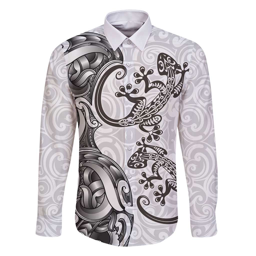New Zealand Gecko Maori Art Tattoo Family Matching Off Shoulder Short Dress and Hawaiian Shirt White Color LT03 Dad's Shirt - Long Sleeve White - Polynesian Pride