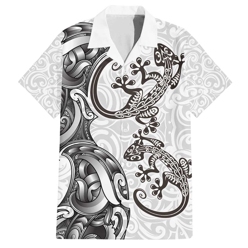 New Zealand Gecko Maori Art Tattoo Family Matching Puletasi and Hawaiian Shirt White Color LT03 Dad's Shirt - Short Sleeve White - Polynesian Pride
