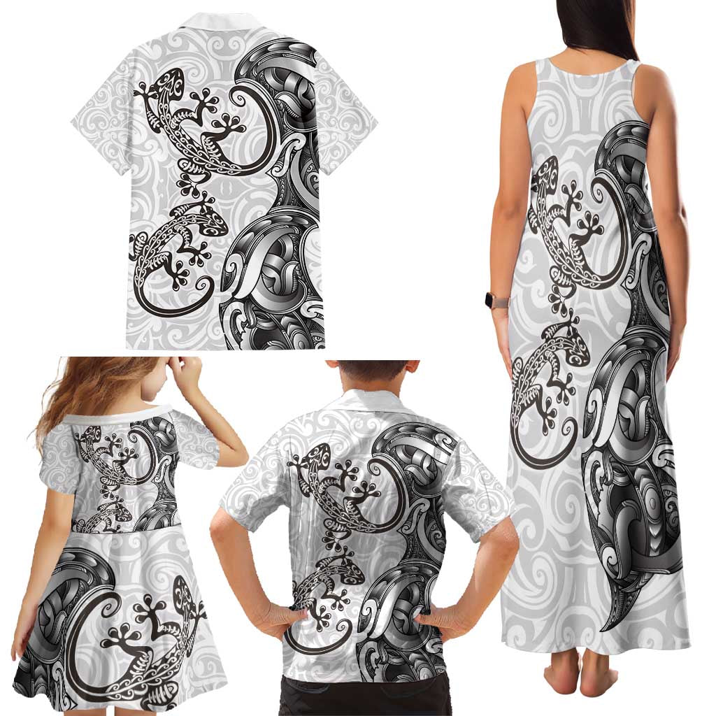 New Zealand Gecko Maori Art Tattoo Family Matching Tank Maxi Dress and Hawaiian Shirt White Color LT03 - Polynesian Pride