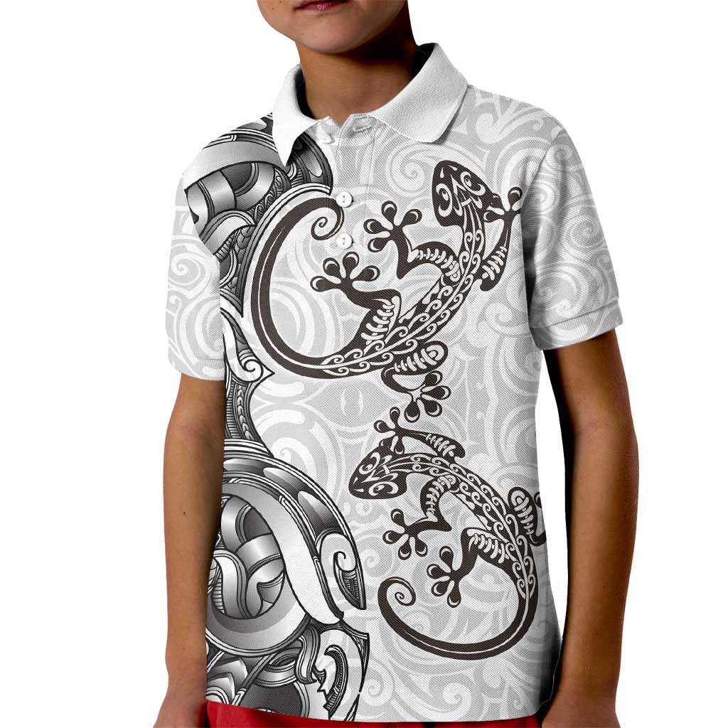 New Zealand Gecko Maori Art Tattoo Kid Polo Shirt White Color LT03 Kid White - Polynesian Pride