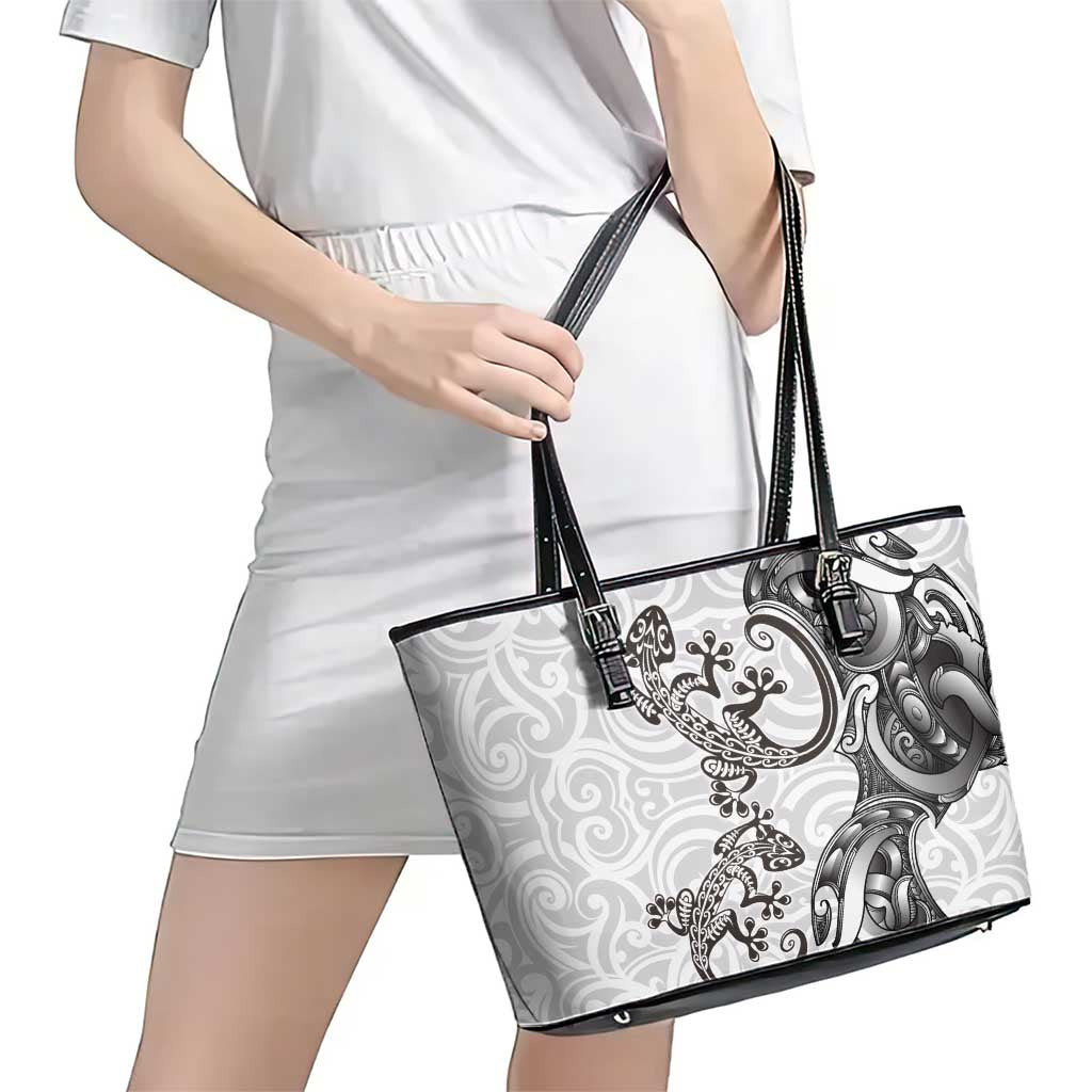 New Zealand Gecko Maori Art Tattoo Leather Tote Bag White Color LT03 - Polynesian Pride