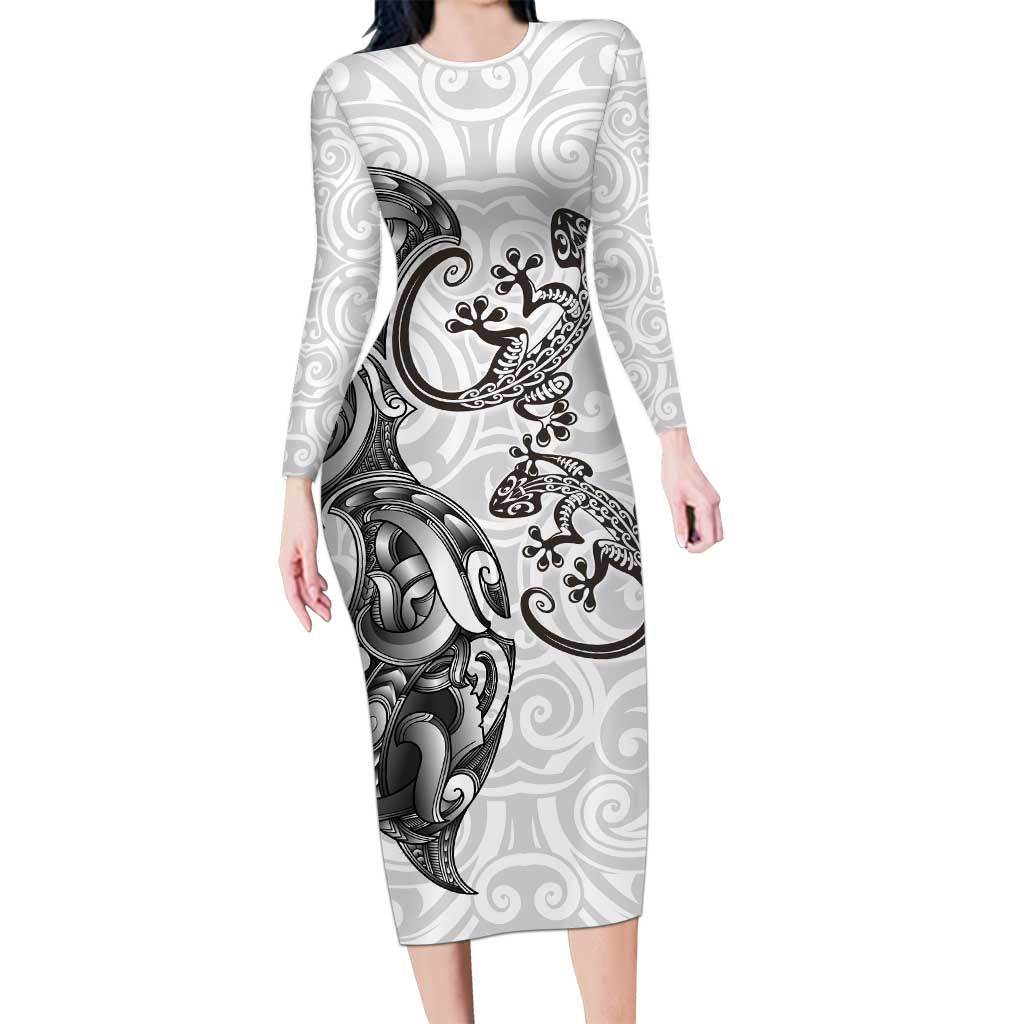 New Zealand Gecko Maori Art Tattoo Long Sleeve Bodycon Dress White Color LT03 Long Dress White - Polynesian Pride