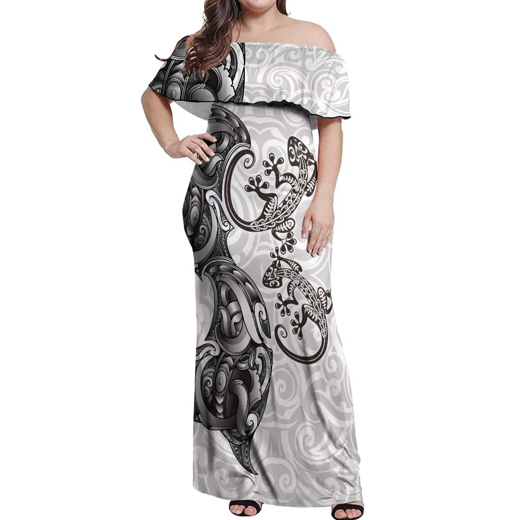 New Zealand Gecko Maori Art Tattoo Off Shoulder Maxi Dress White Color LT03 Women White - Polynesian Pride