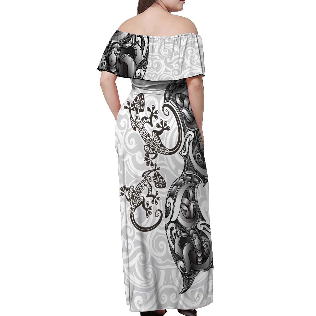 New Zealand Gecko Maori Art Tattoo Off Shoulder Maxi Dress White Color LT03 - Polynesian Pride