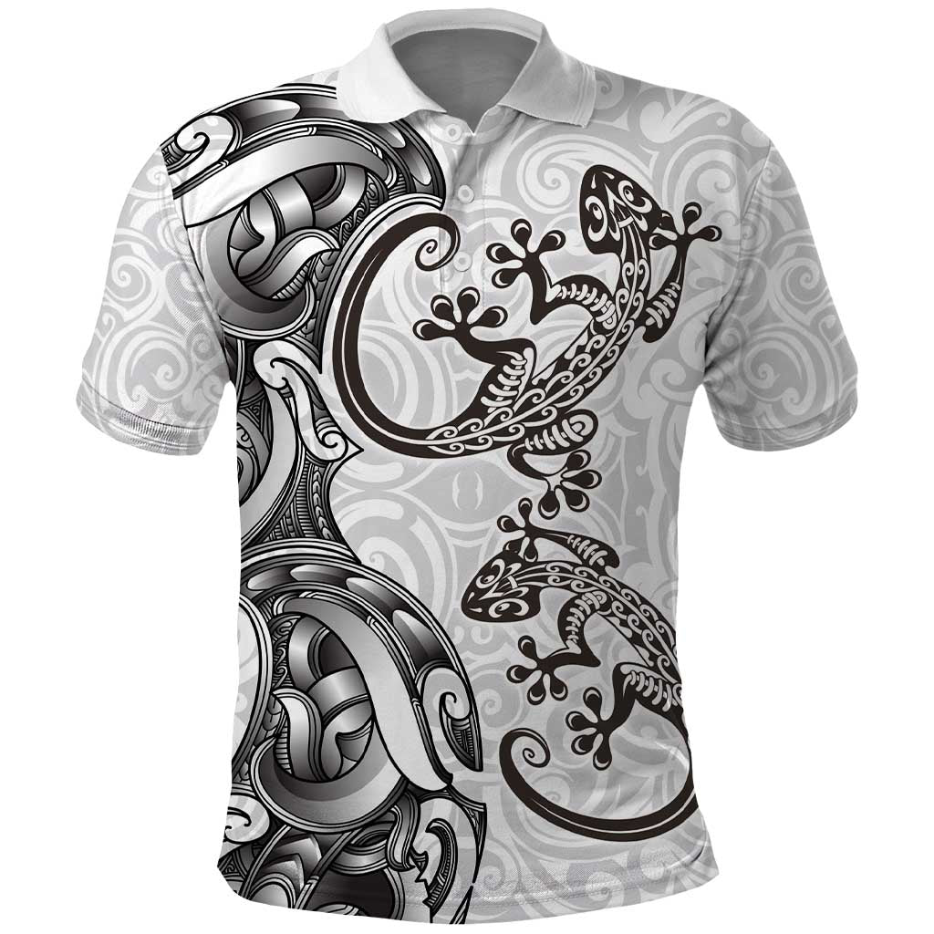 New Zealand Gecko Maori Art Tattoo Polo Shirt White Color LT03 White - Polynesian Pride