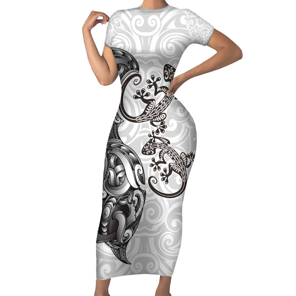 New Zealand Gecko Maori Art Tattoo Short Sleeve Bodycon Dress White Color LT03 Long Dress White - Polynesian Pride