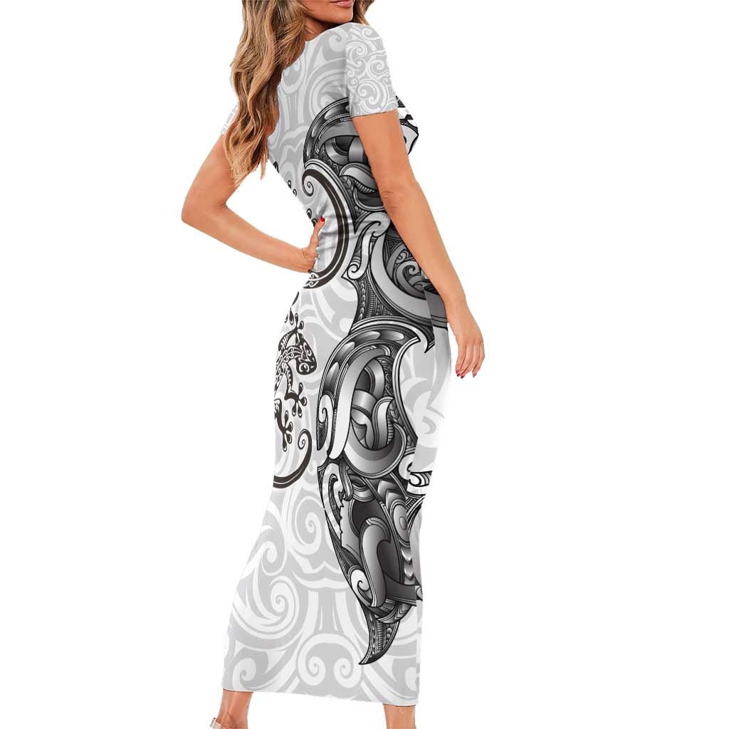 New Zealand Gecko Maori Art Tattoo Short Sleeve Bodycon Dress White Color LT03 - Polynesian Pride