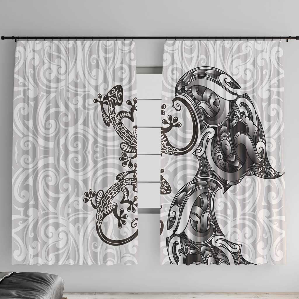 New Zealand Gecko Maori Art Tattoo Window Curtain White Color LT03 With Hooks White - Polynesian Pride