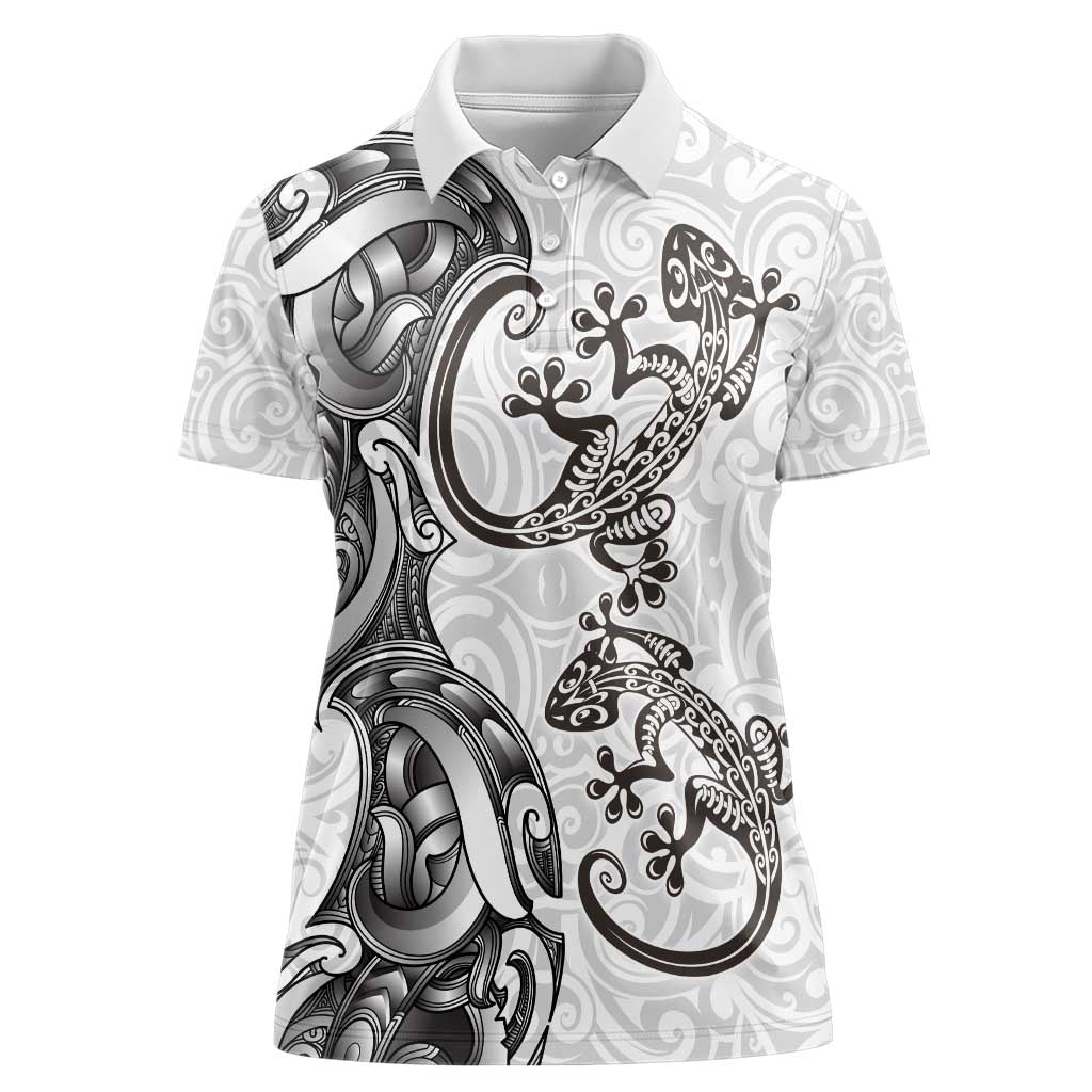 New Zealand Gecko Maori Art Tattoo Women Polo Shirt White Color LT03 Female White - Polynesian Pride