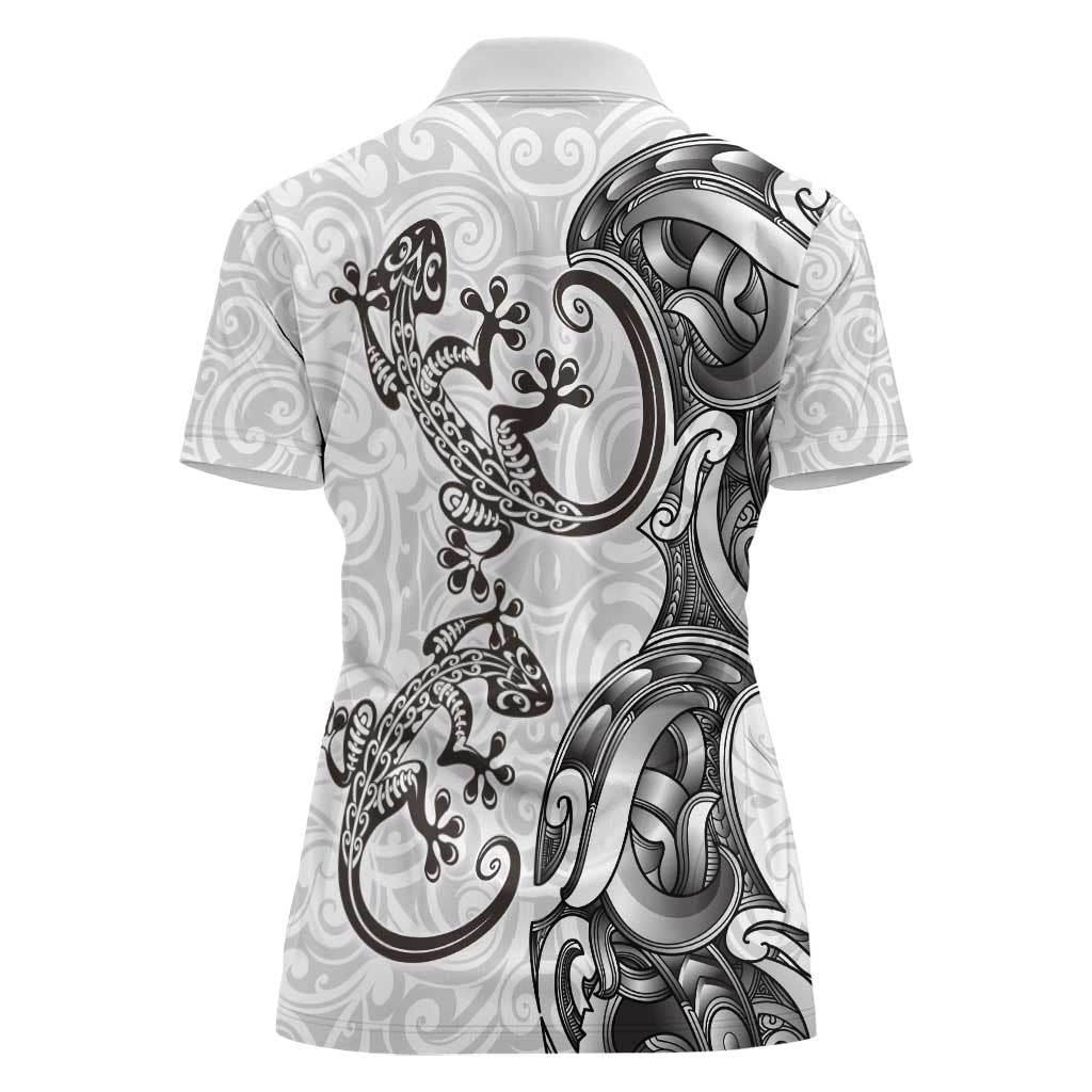 New Zealand Gecko Maori Art Tattoo Women Polo Shirt White Color LT03 - Polynesian Pride