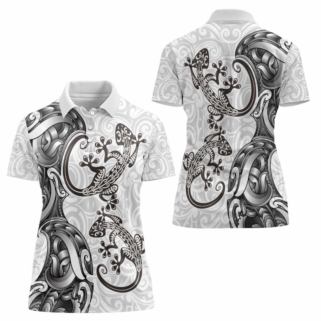 New Zealand Gecko Maori Art Tattoo Women Polo Shirt White Color LT03 - Polynesian Pride