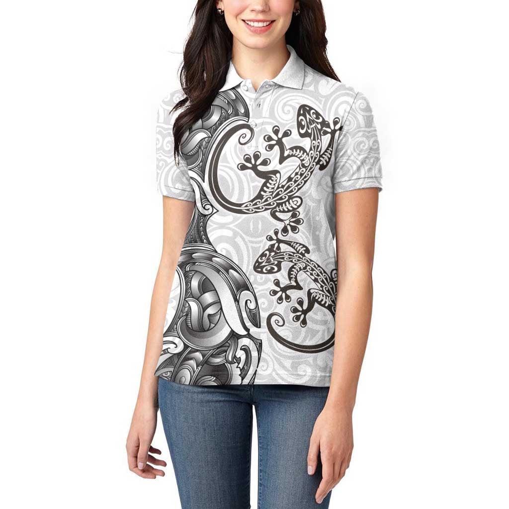 New Zealand Gecko Maori Art Tattoo Women Polo Shirt White Color LT03 - Polynesian Pride
