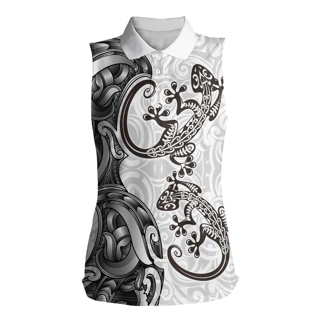 New Zealand Gecko Maori Art Tattoo Women Sleeveless Polo Shirt White Color LT03 Female White - Polynesian Pride