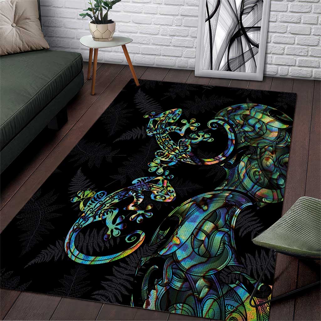 New Zealand Gecko Maori Art Tattoo Area Rug Silver Fern and Paua Shell Mode LT03 Black - Polynesian Pride