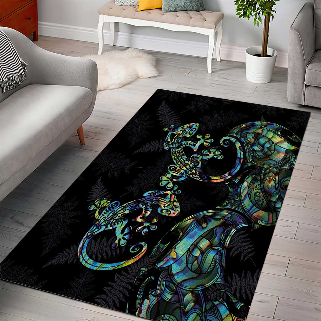 New Zealand Gecko Maori Art Tattoo Area Rug Silver Fern and Paua Shell Mode LT03 - Polynesian Pride