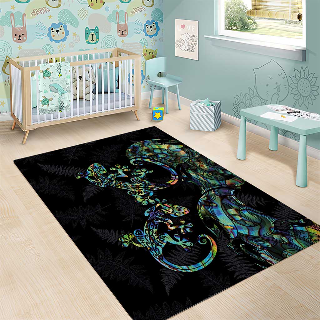 New Zealand Gecko Maori Art Tattoo Area Rug Silver Fern and Paua Shell Mode LT03 - Polynesian Pride