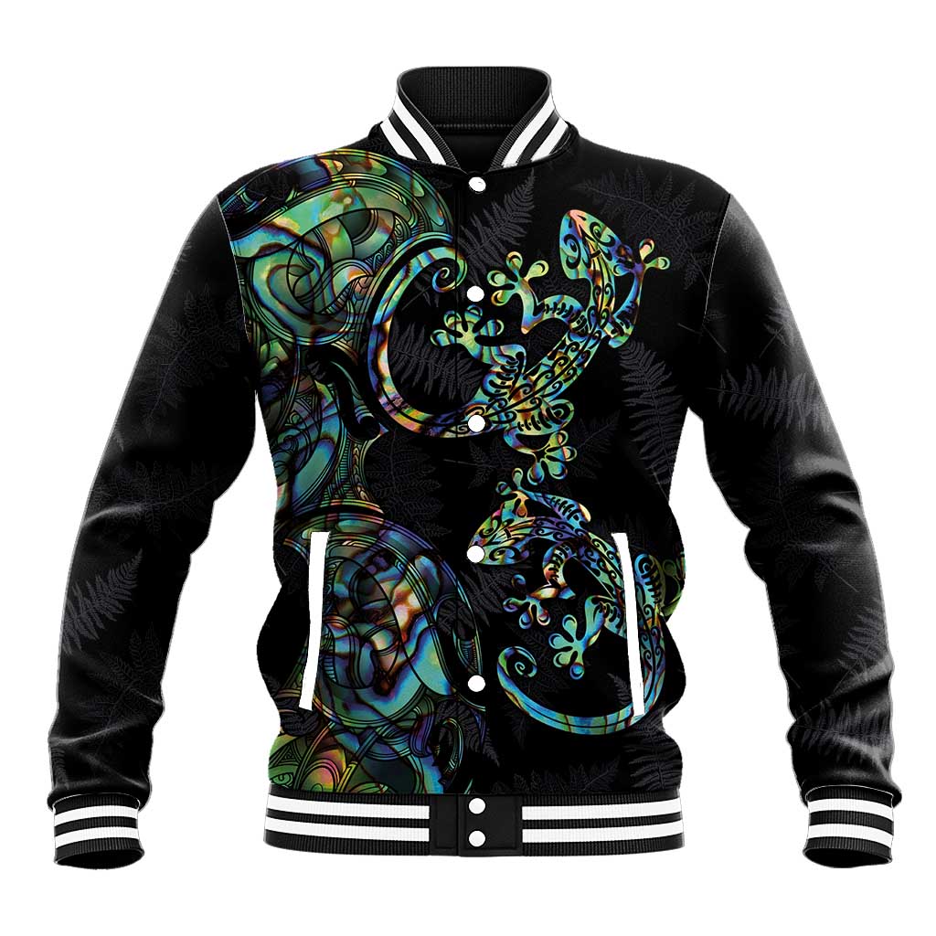 New Zealand Gecko Maori Art Tattoo Baseball Jacket Silver Fern and Paua Shell Mode LT03 Unisex Black - Polynesian Pride