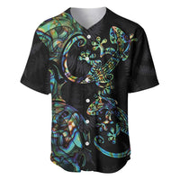 New Zealand Gecko Maori Art Tattoo Baseball Jersey Silver Fern and Paua Shell Mode LT03 Black - Polynesian Pride