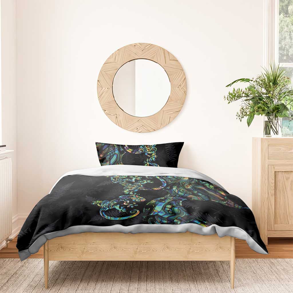 New Zealand Gecko Maori Art Tattoo Bedding Set Silver Fern and Paua Shell Mode