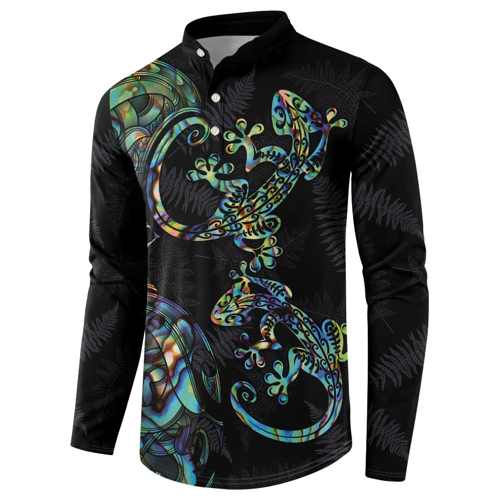 New Zealand Gecko Maori Art Tattoo Button Sweatshirt Silver Fern and Paua Shell Mode
