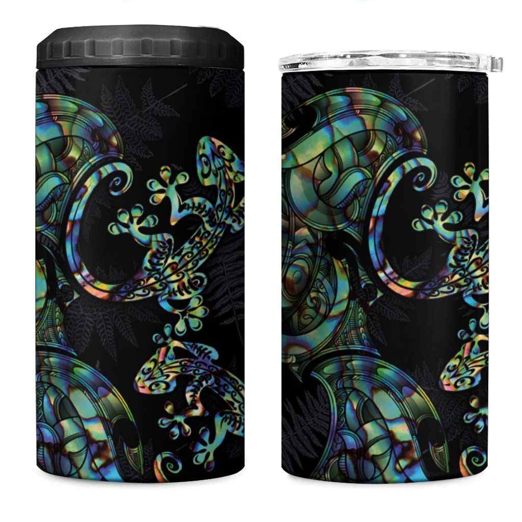 New Zealand Gecko Maori Art Tattoo 4 in 1 Can Cooler Tumbler Paua Shell Mode with Silver Fern Pattern LT03 One Size: 16 oz Black - Polynesian Pride